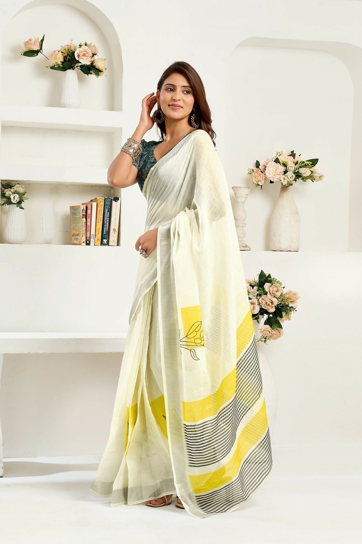 Joban Fashion Off-White Striped Linen Ready To Wear Saree With Unstitched Blouse