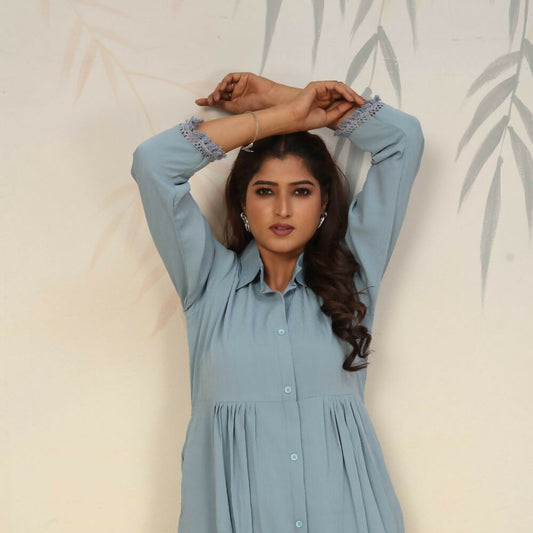 Jyoti Fashion Women's Sky Blue Rinkal Cotton Plain with Side Pocket Kurtis & Sets | Swadesiicart