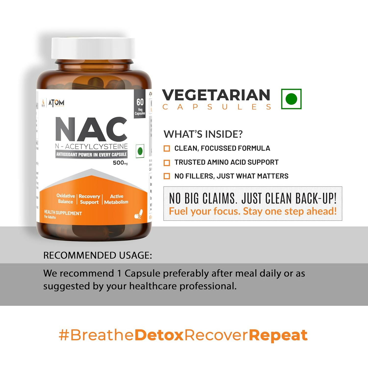 As-It-Is Atom Nac (N-Acetylcysteine) 500Mg Veg Capsules 