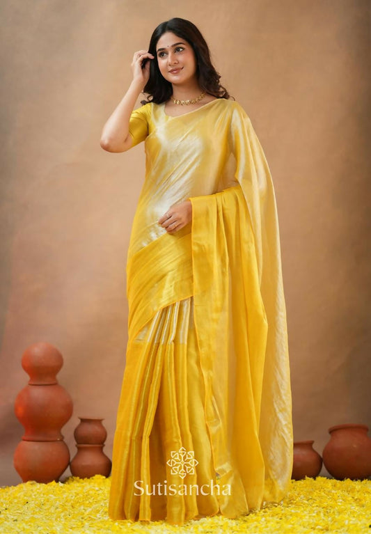 Exclusive Collection Beautiful Yellow Tissue Silk Hand Weaving Handloom Grab2Buy With Running Blouse Piece