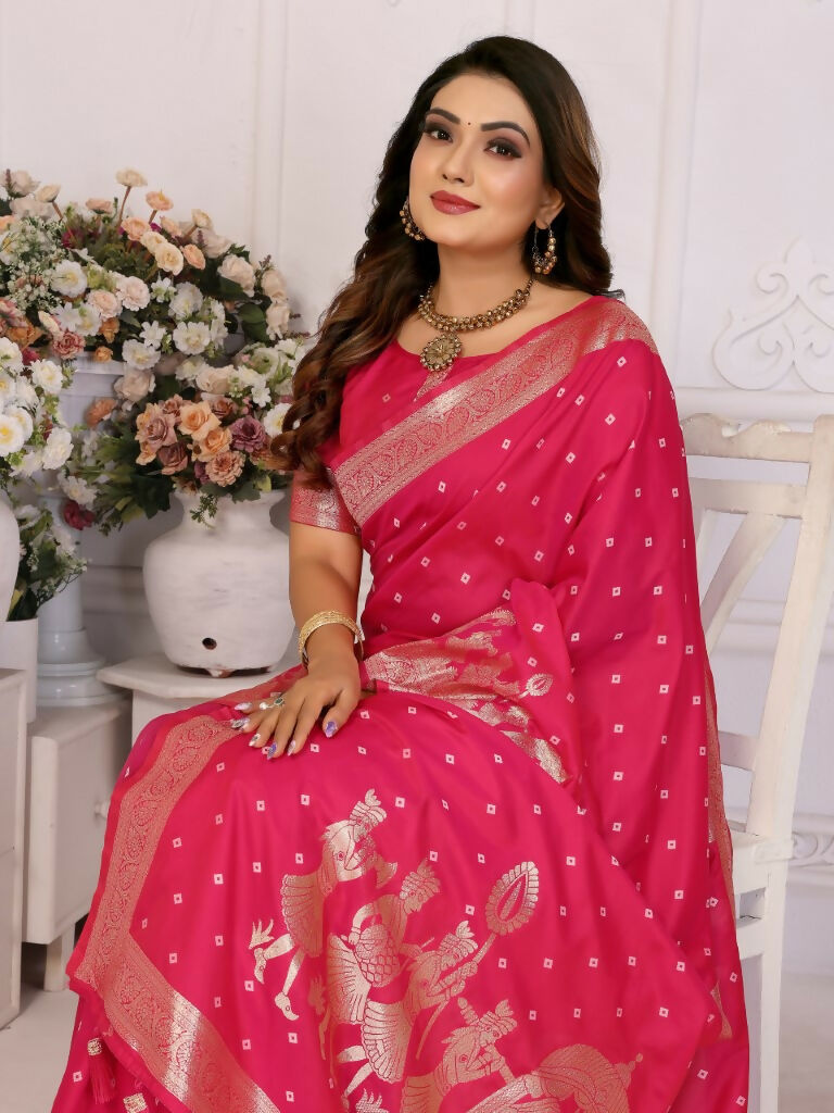 Anaita Rani Pink kochi Silk With Bandhej Weaving Saree With Blouse