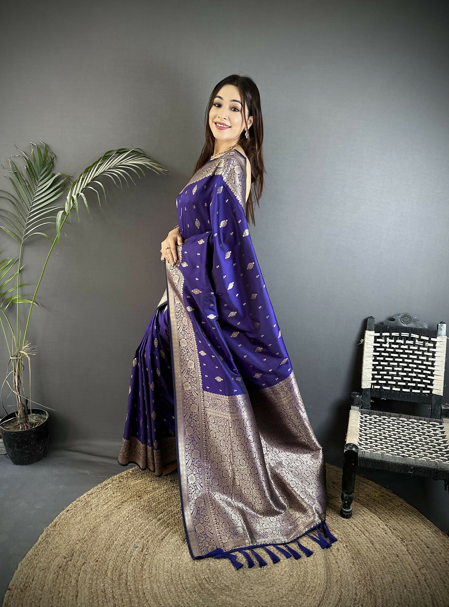 Joban Fashion Royal Blue Zari Weaving Motif Lichi Silk Banarasi Silk Saree