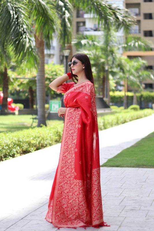 Aastha Fashion Red Woven Handloom Raw Silk Saree with Blouse - Grab2buy