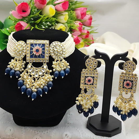 Jewel City Regal Kundan Meena Necklace and Earrings Set with Blue Beads -Exquisite Indian Bridal Jewelry Collection | Swadesiicart