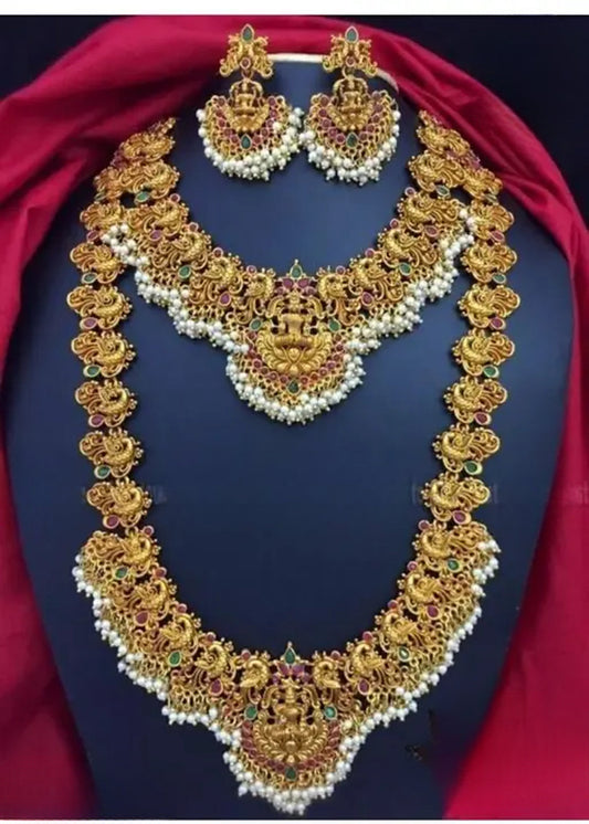 Jewel City Regal Lakshmi Temple Jewelry Set - Gold-Plated Necklace and Earrings with Pearl Clusters | Grab2Buy