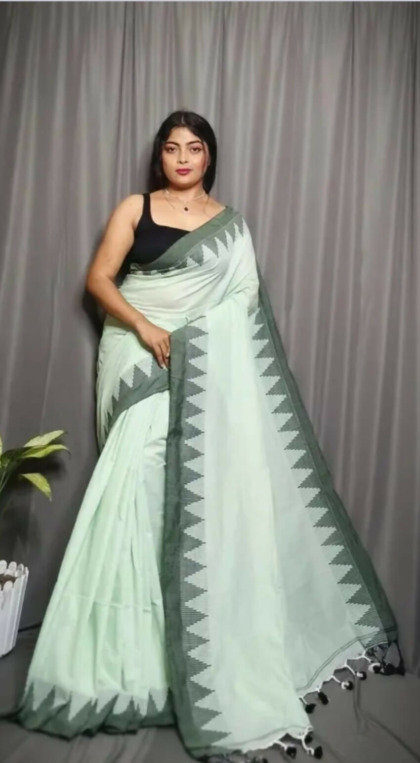 Exclusive Collection Beautiful Light Green Pure Cotton Woven Handloom Grab2Buy With Running Blouse Piece 