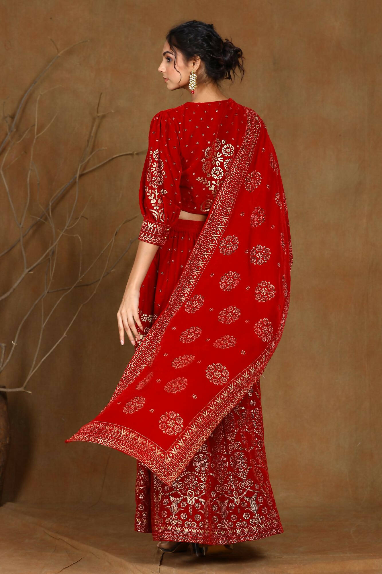 Juniper Women Maroon Velvet Printed Flared Lehenga Choli Sets