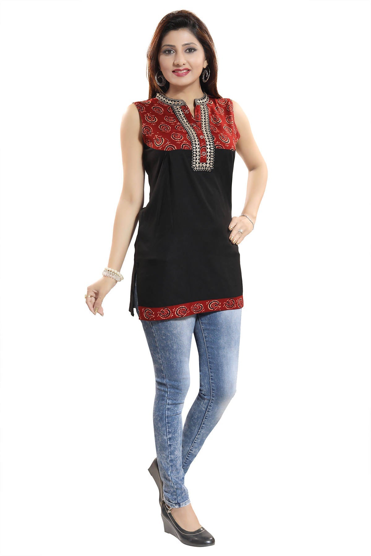 Snehal Creations Terrific Black Rayon Cotton Sleeveless Tunic Top