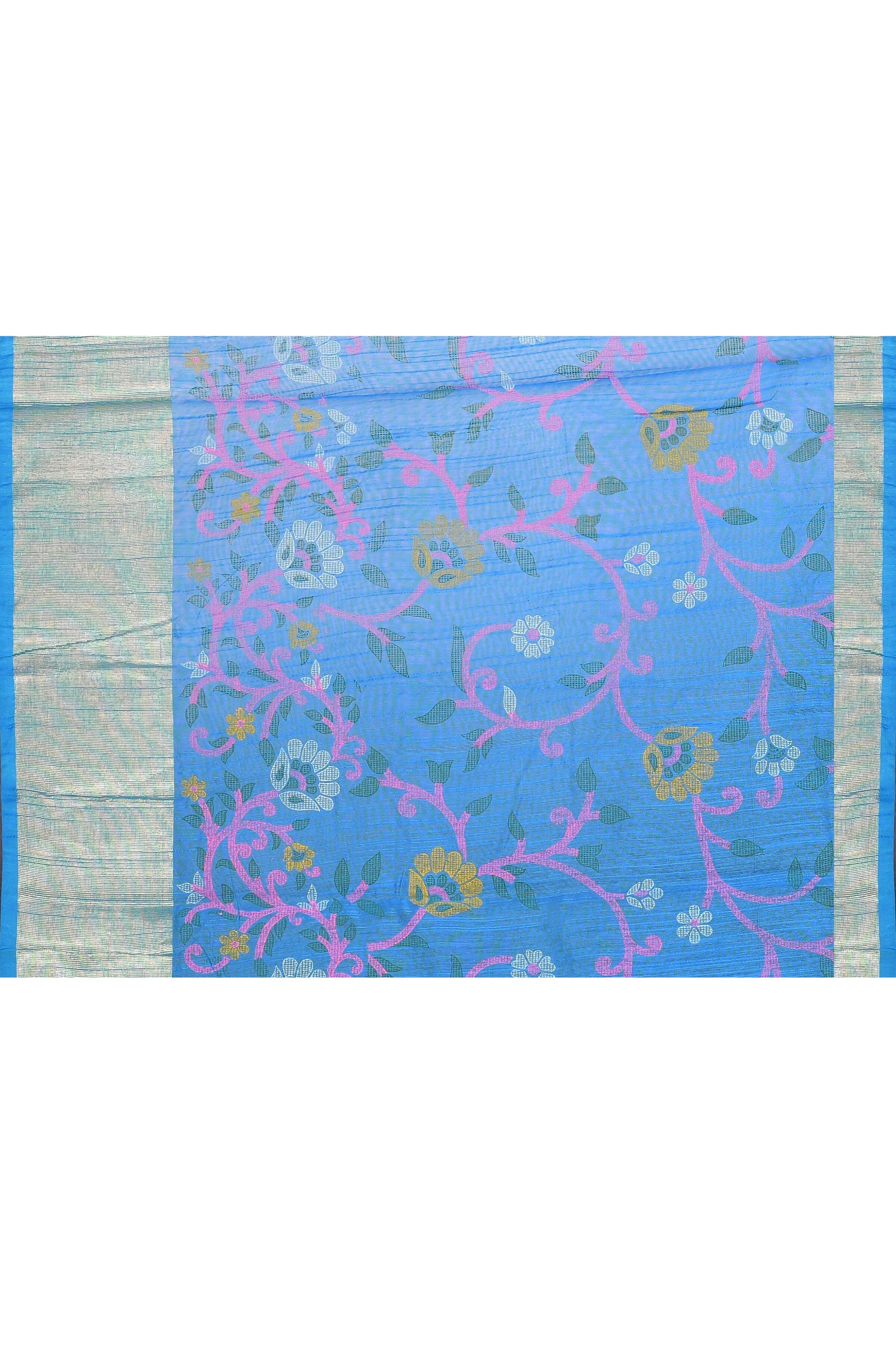 Piyari Fashion Women's Sky Blue Embellished Cotton Blend Printed Saree