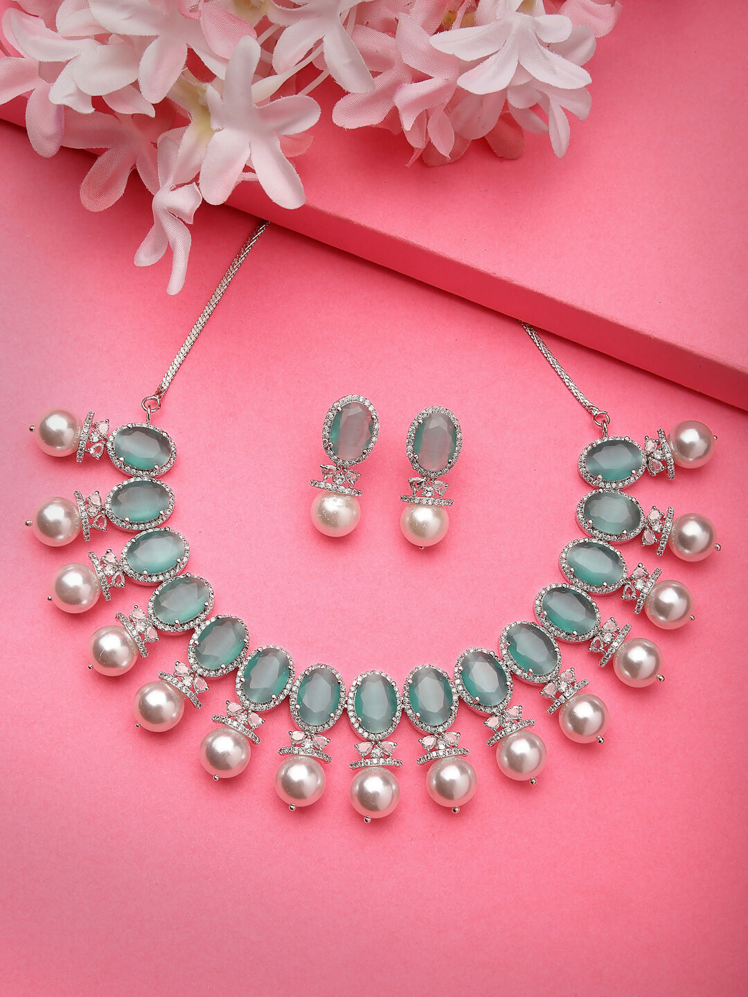 NVR Women's Silver-Plated Green American Diamond Studded Handcrafted Jewellery Set - Grab2buy