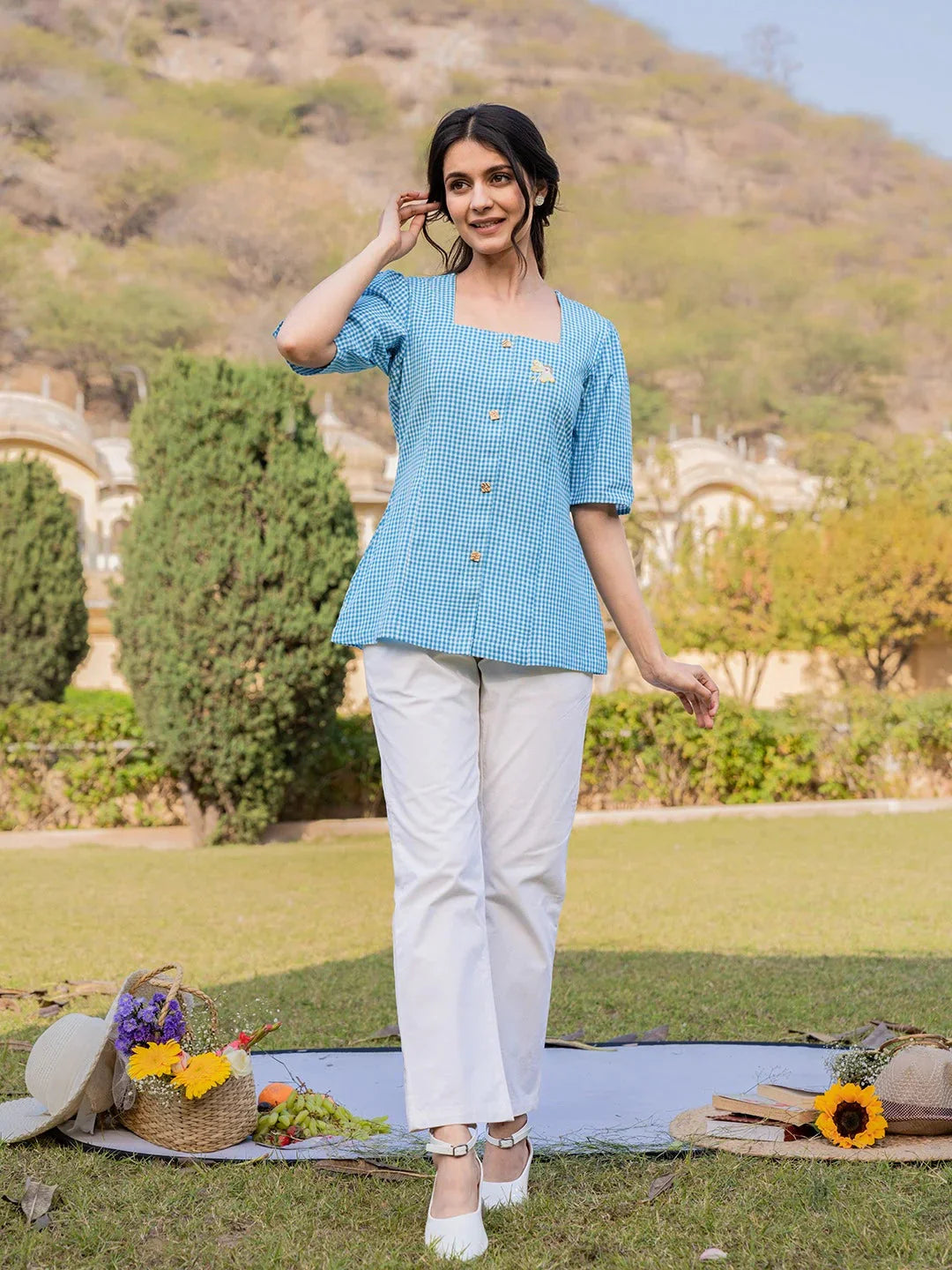 Yufta Sky Blue Cotton Checks Printed Top  Grab2Buy Yufta Grab2Buy