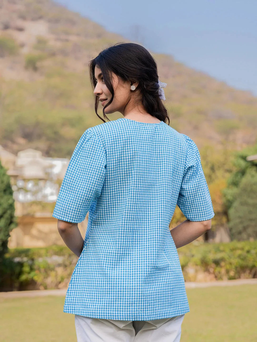 Yufta Sky Blue Cotton Checks Printed Top  Grab2Buy Yufta Grab2Buy