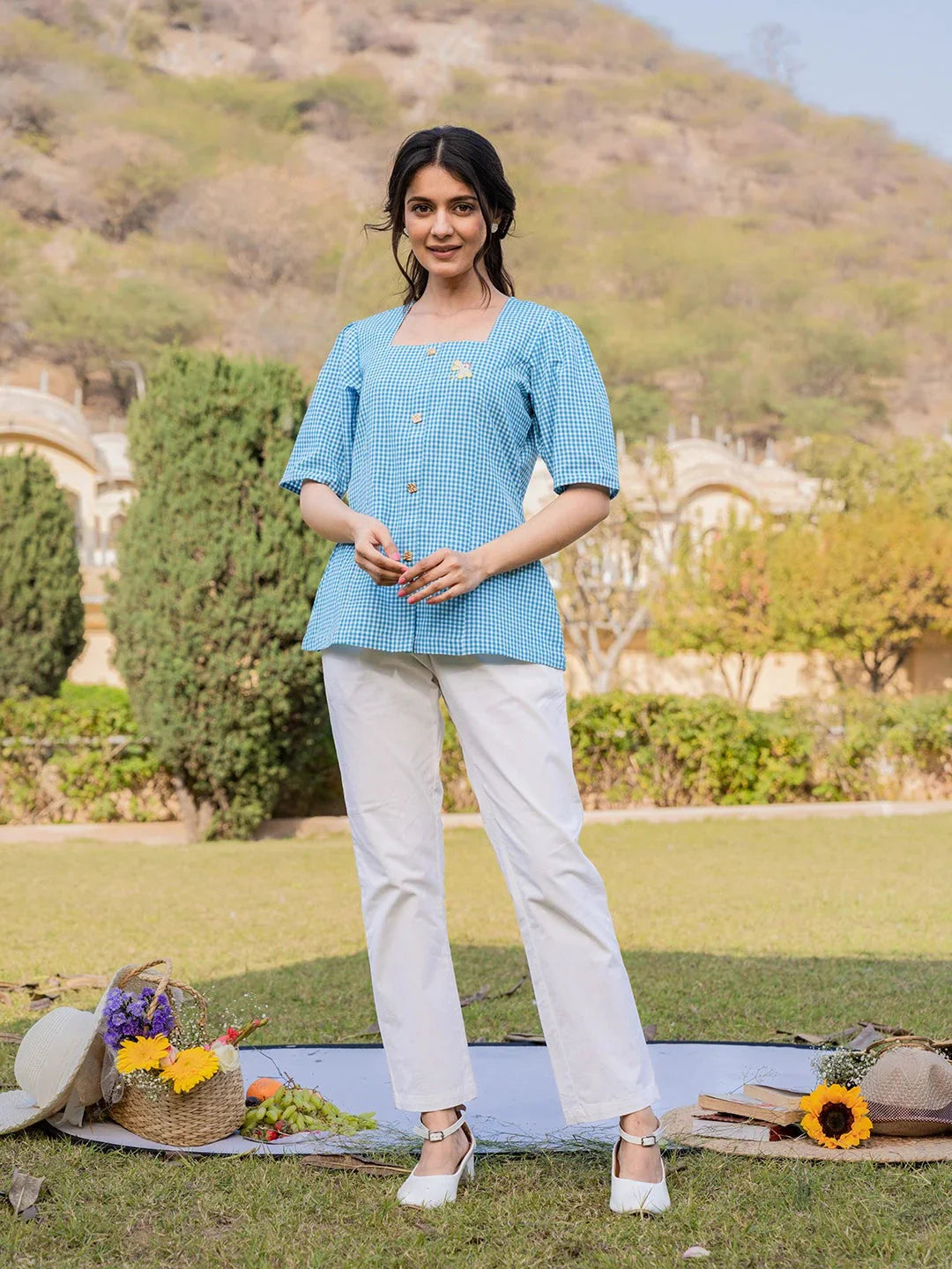Yufta Sky Blue Cotton Checks Printed Top  Grab2Buy Yufta Grab2Buy