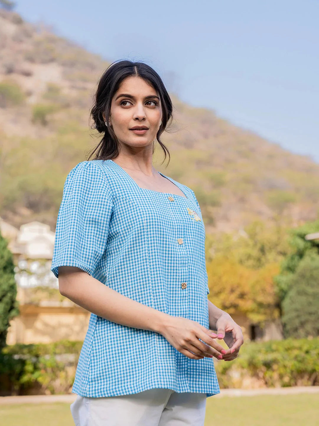 Yufta Sky Blue Cotton Checks Printed Top  Grab2Buy Yufta Grab2Buy