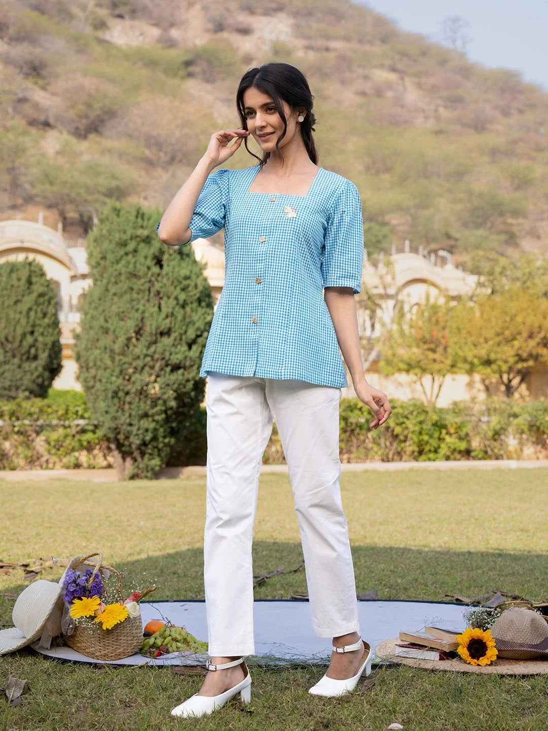 Yufta Sky Blue Cotton Checks Printed Top  Grab2Buy Yufta Grab2Buy