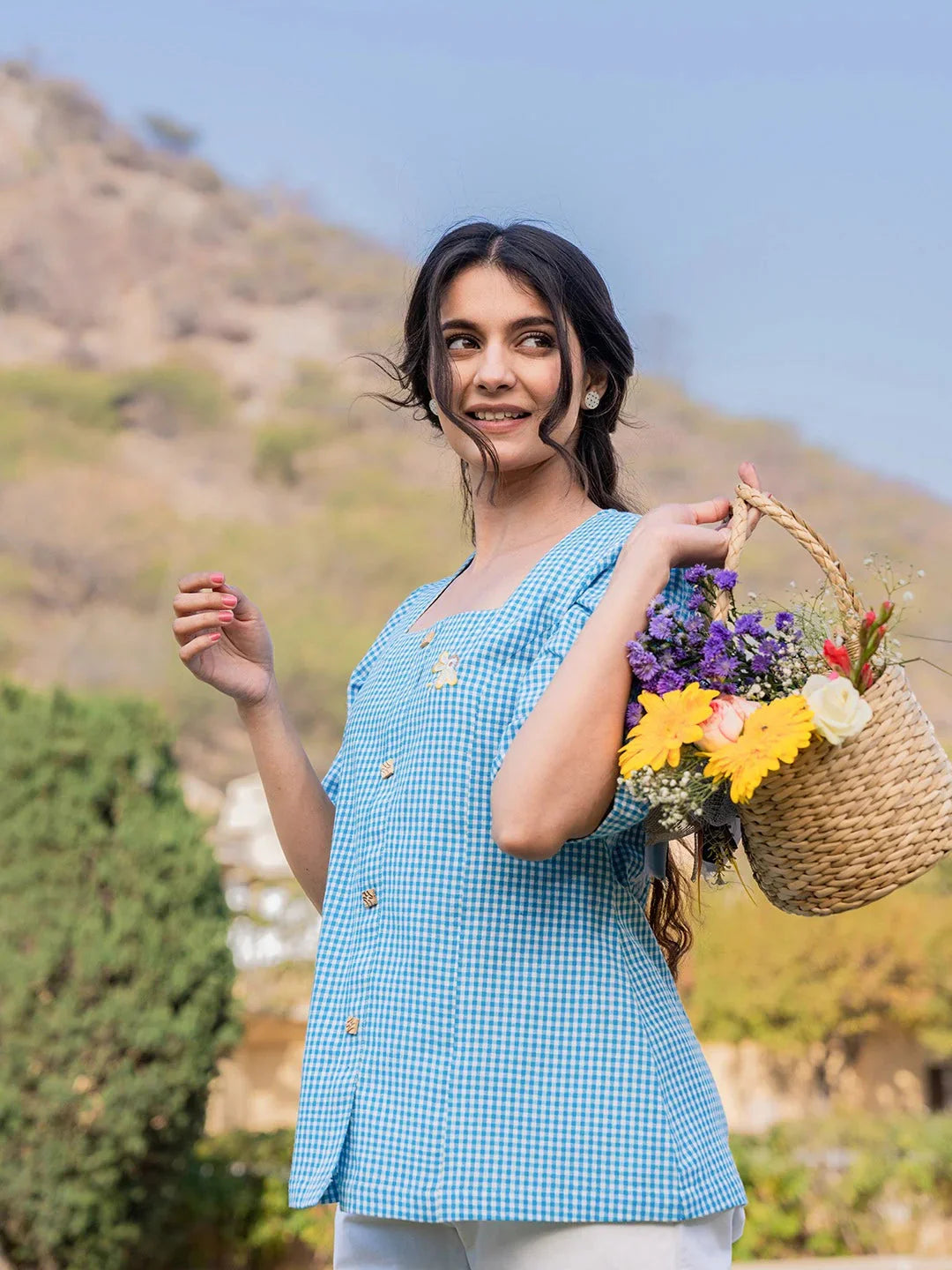 Yufta Sky Blue Cotton Checks Printed Top  Grab2Buy Yufta Grab2Buy