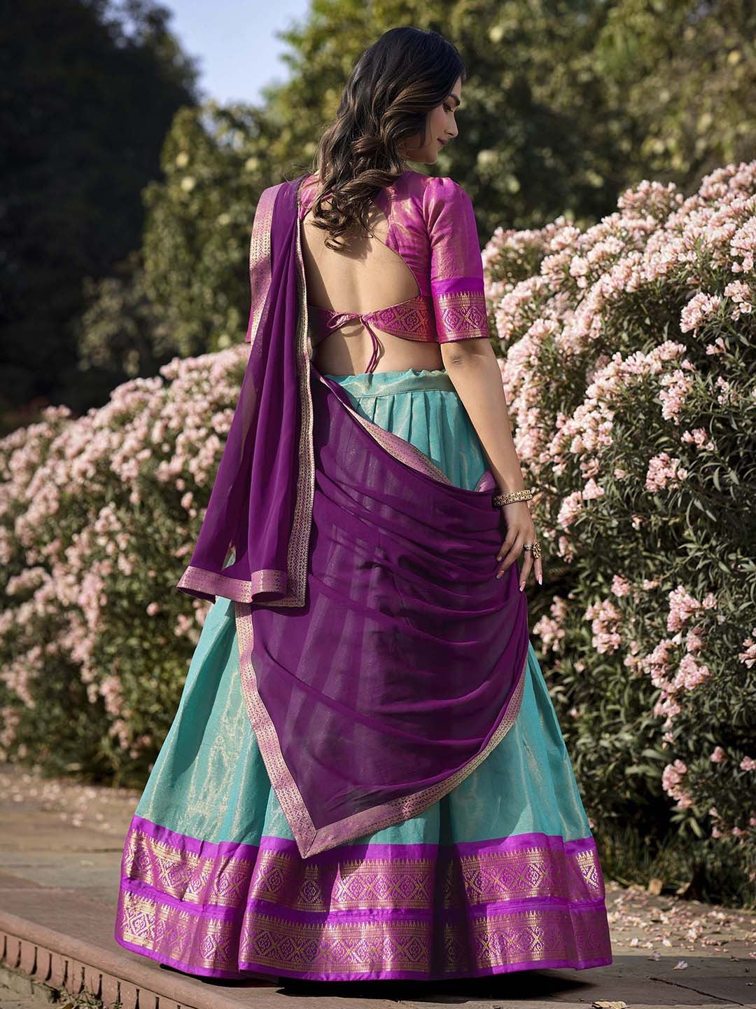 Lorenvalley Skyblue Kanchipuram Zari Weaving Work Lehenga Choli with Dupatta 