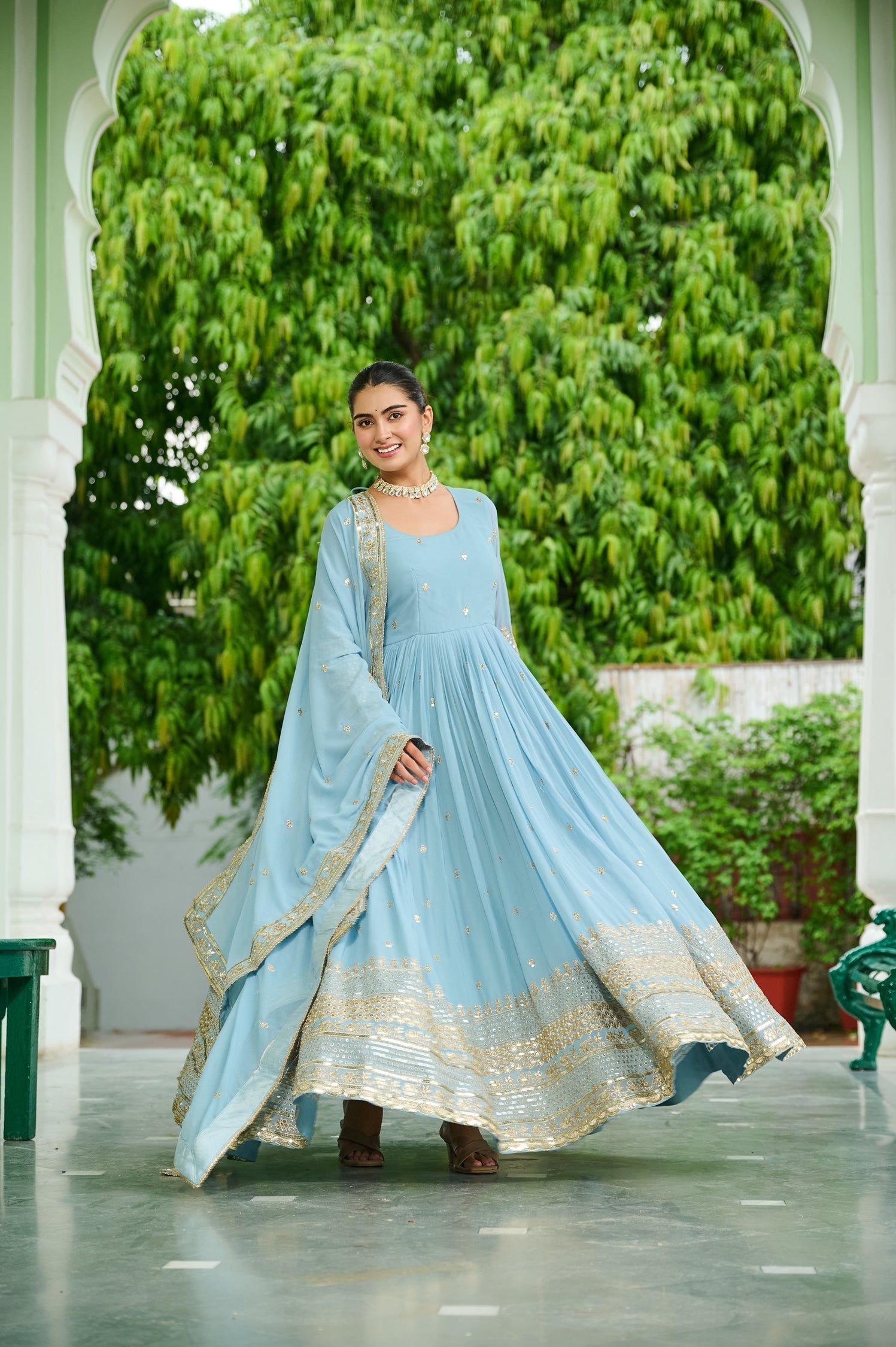 Lorenvalley Fashion Skyblue Faux Georgette with Embroidered work Anarkali Gown with Dupatta 