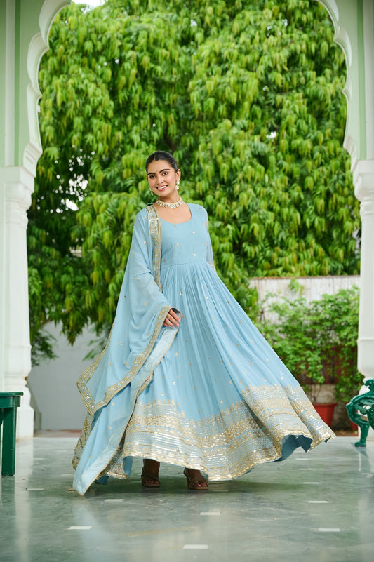 Lorenvalley Fashion Skyblue Faux Georgette with Embroidered work Anarkali Gown with Dupatta 