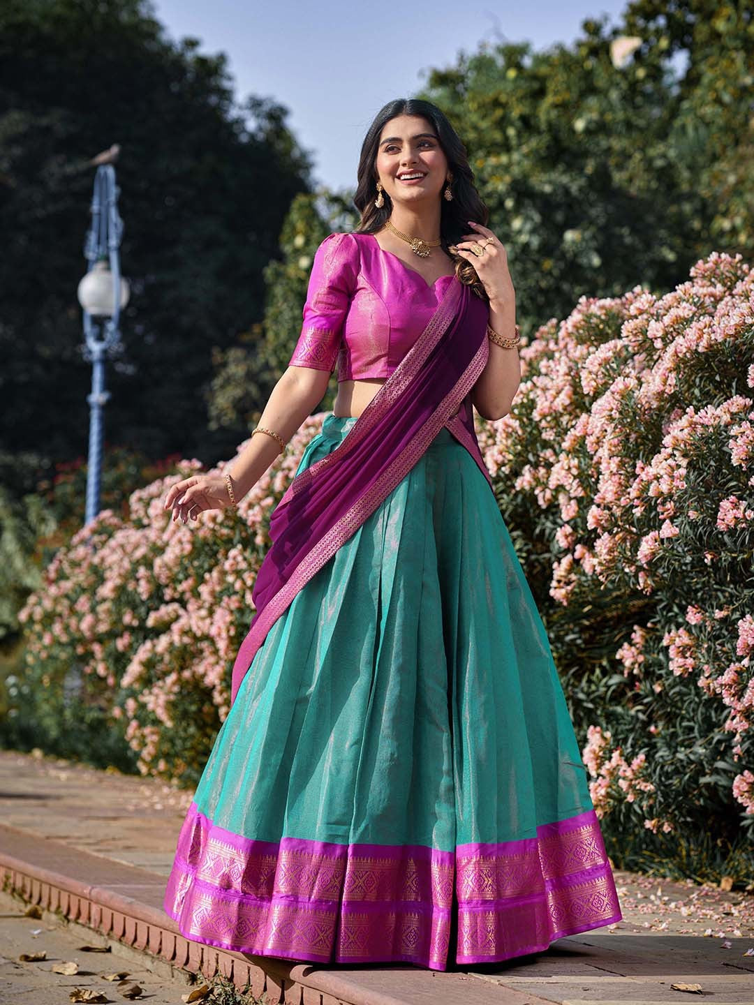Lorenvalley Skyblue Kanchipuram Zari Weaving Work Lehenga Choli with Dupatta 
