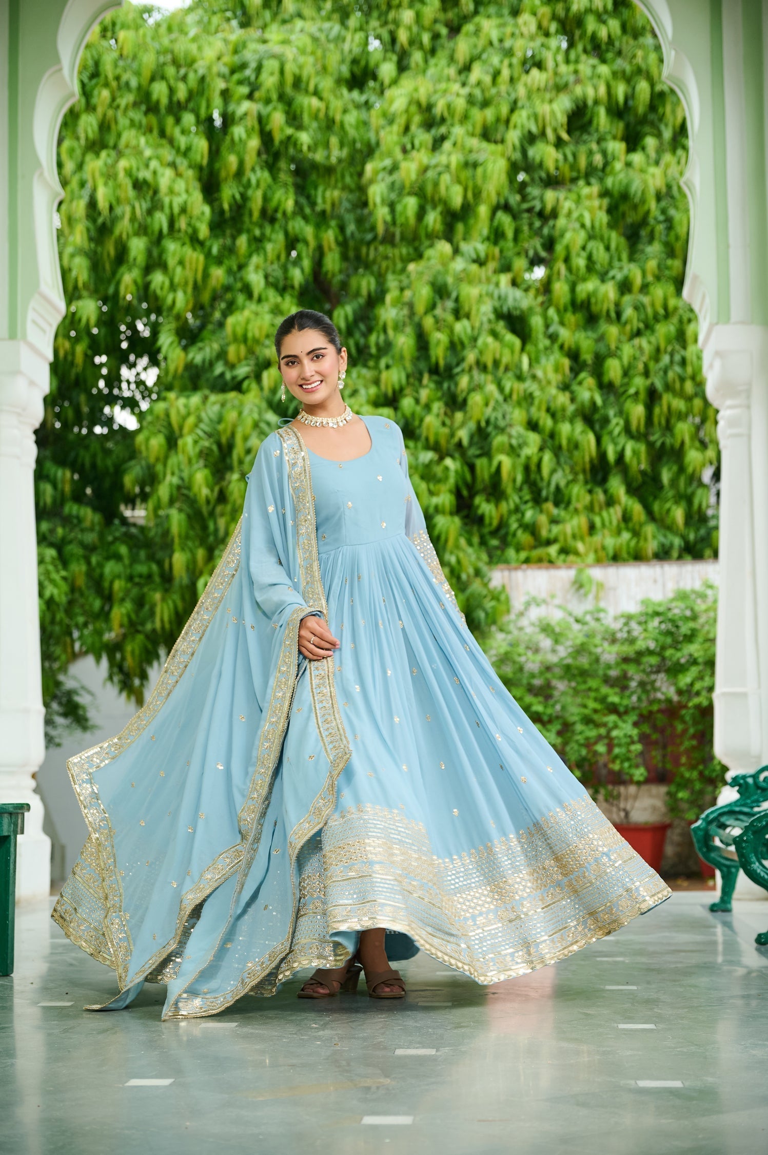 Lorenvalley Fashion Skyblue Faux Georgette with Embroidered work Anarkali Gown with Dupatta 