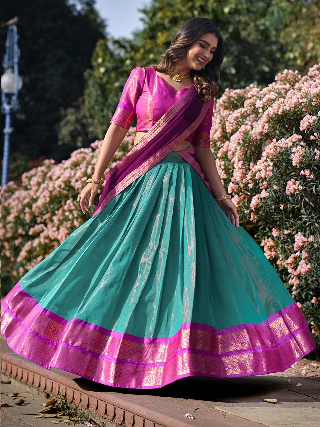 Lorenvalley Skyblue Kanchipuram Zari Weaving Work Lehenga Choli with Dupatta 