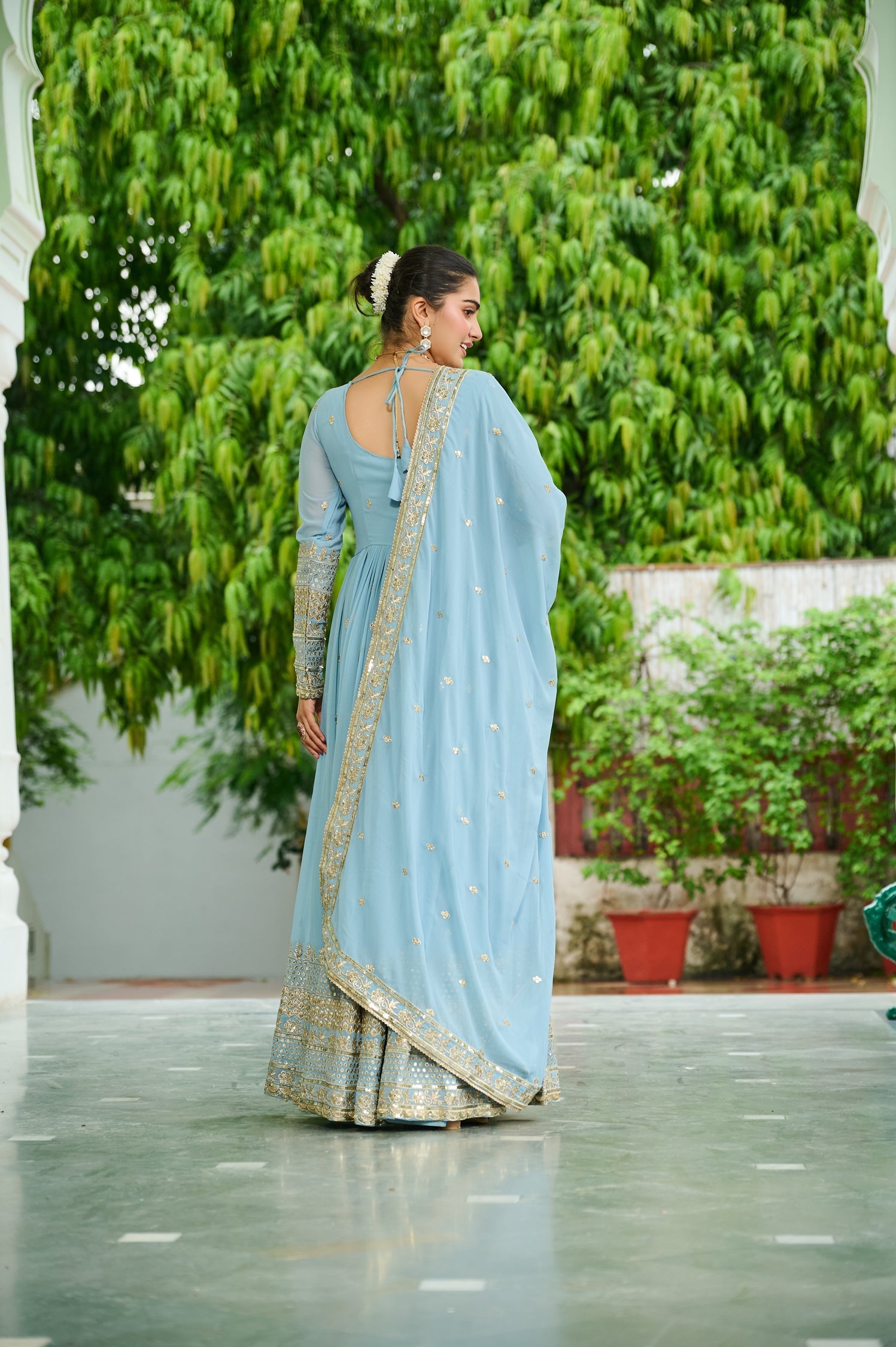 Lorenvalley Fashion Skyblue Faux Georgette with Embroidered work Anarkali Gown with Dupatta 