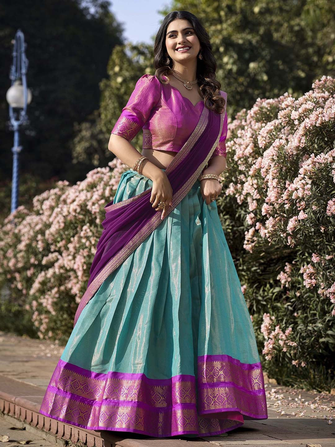 Lorenvalley Skyblue Kanchipuram Zari Weaving Work Lehenga Choli with Dupatta 