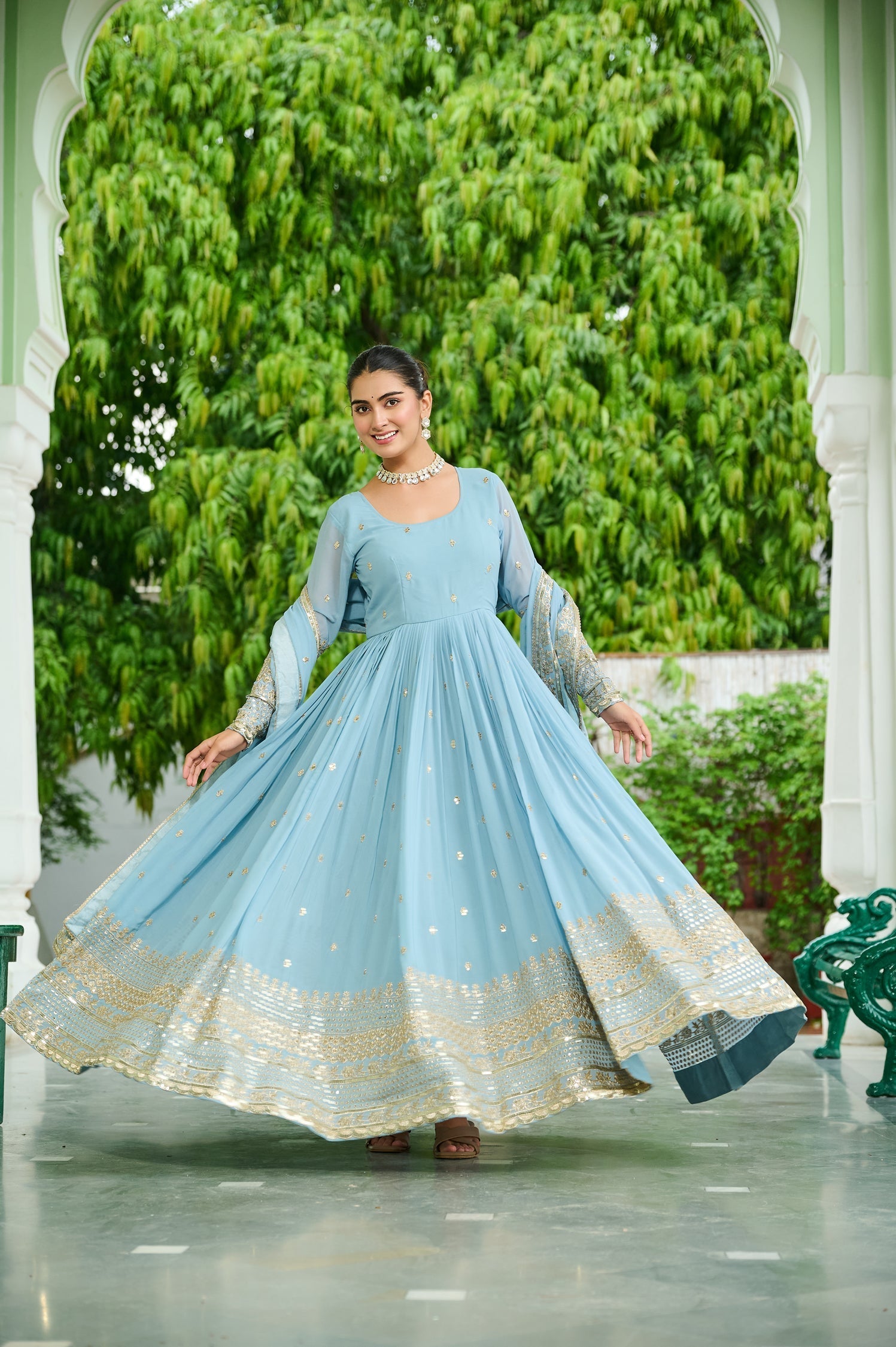 Lorenvalley Fashion Skyblue Faux Georgette with Embroidered work Anarkali Gown with Dupatta 