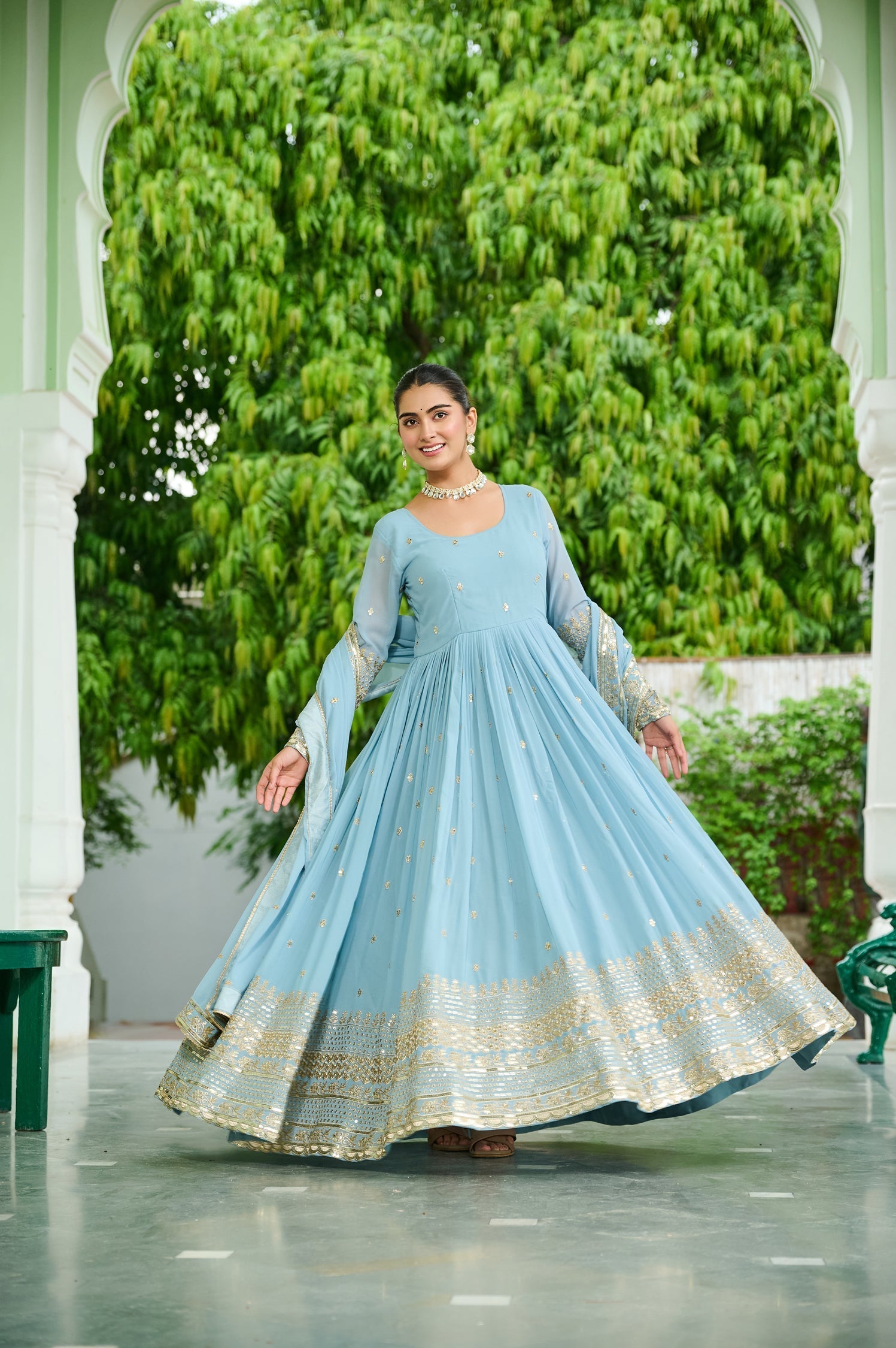 Lorenvalley Fashion Skyblue Faux Georgette with Embroidered work Anarkali Gown with Dupatta 
