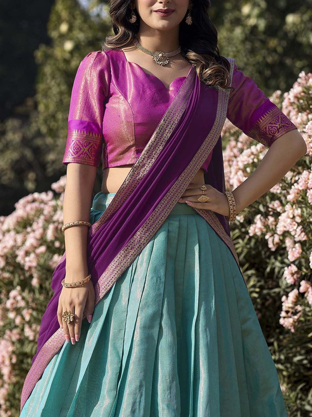 Lorenvalley Skyblue Kanchipuram Zari Weaving Work Lehenga Choli with Dupatta 