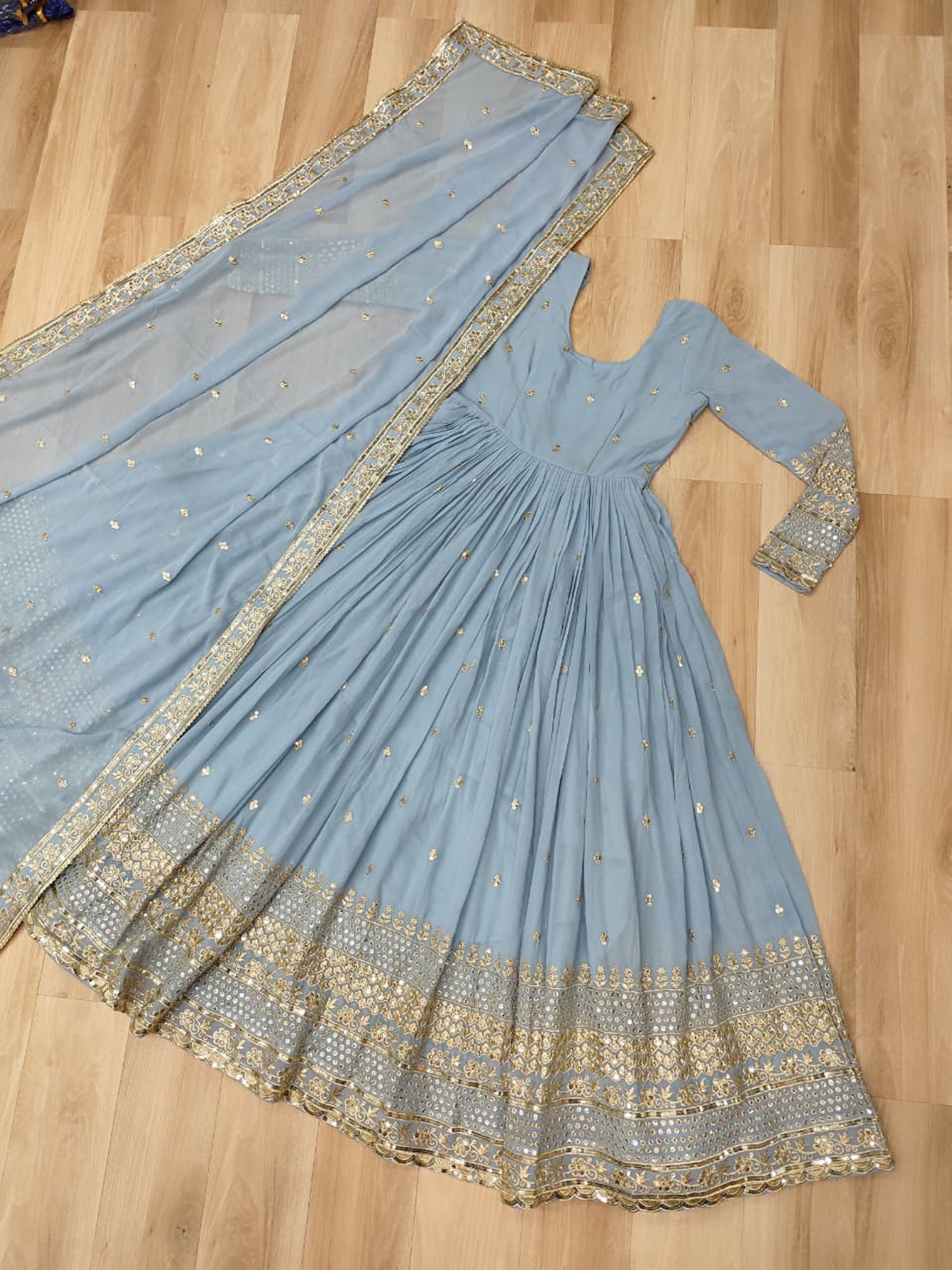 Lorenvalley Fashion Skyblue Faux Georgette with Embroidered work Anarkali Gown with Dupatta 