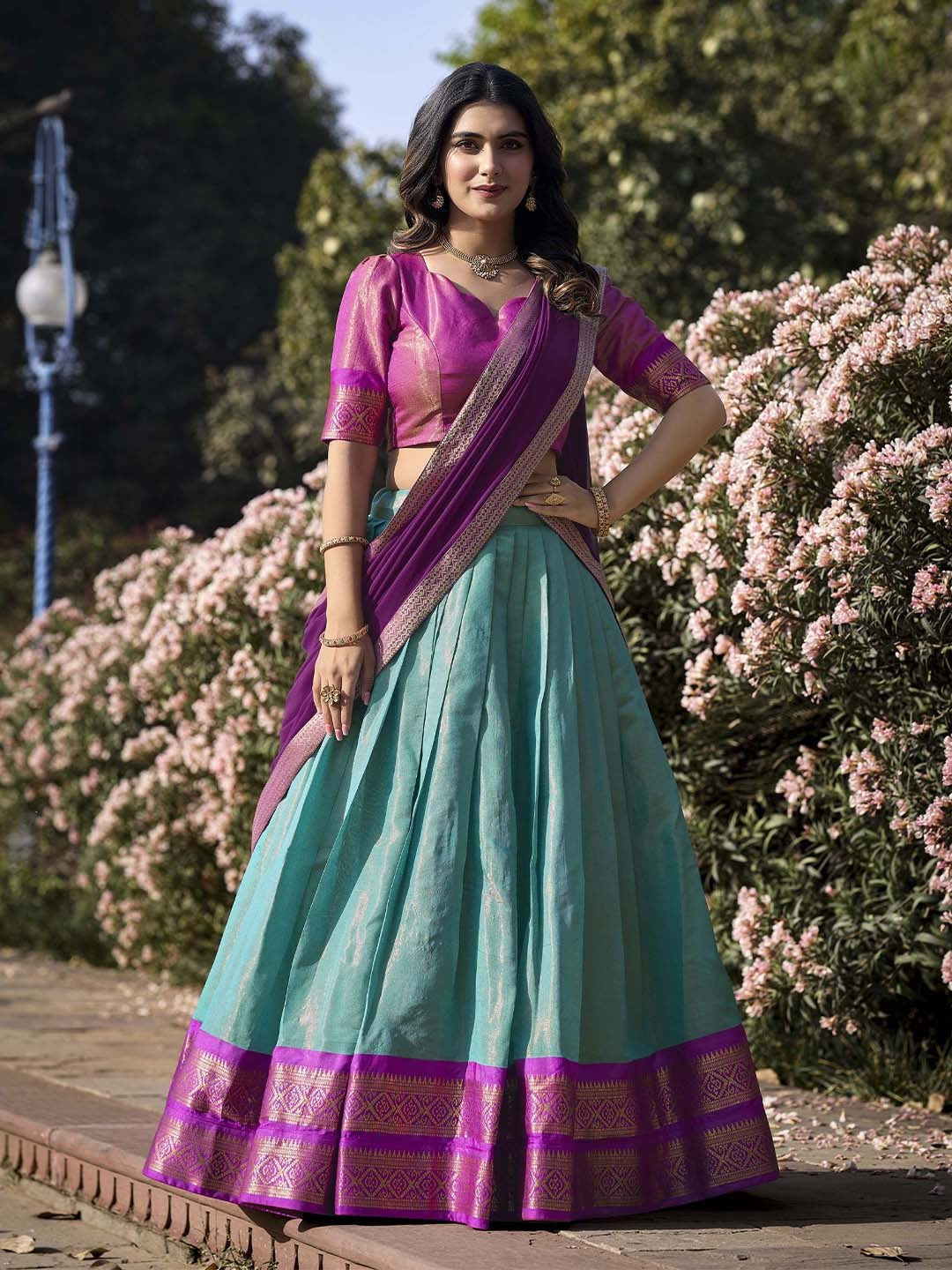 Lorenvalley Skyblue Kanchipuram Zari Weaving Work Lehenga Choli with Dupatta 