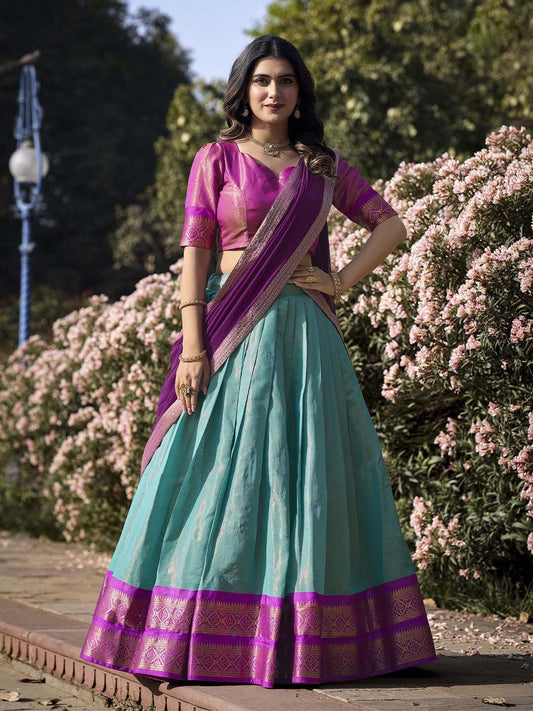 Lorenvalley Skyblue Kanchipuram Zari Weaving Work Lehenga Choli with Dupatta 