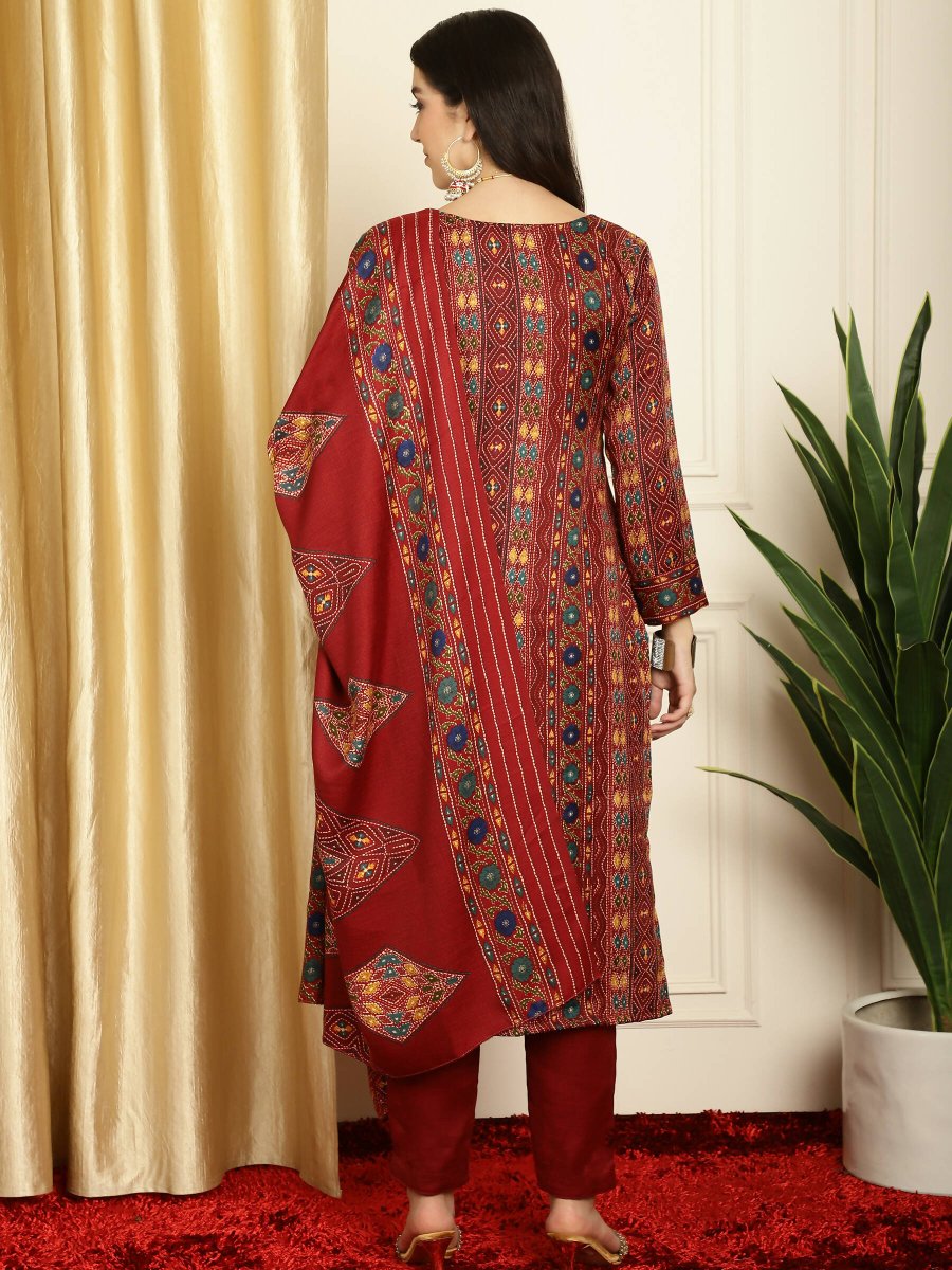 Aastha Fashion Women's Maroon Pashmina Floral Digital Printed Kurta with Trouser & Dupatta - Grab2buy