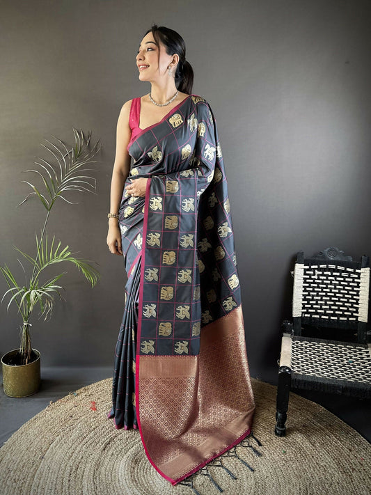 Joban Fashion Grey Elephant Motif Soft Silk Banarasi silk Saree