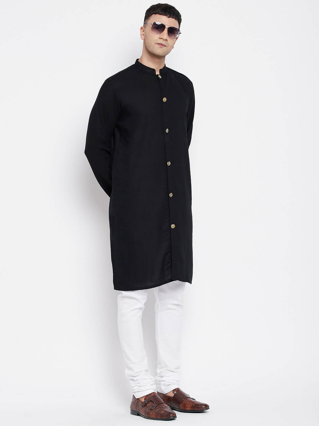 Even Apparels Black Pure Cotton Men's Sherwani Kurta With Open Front 