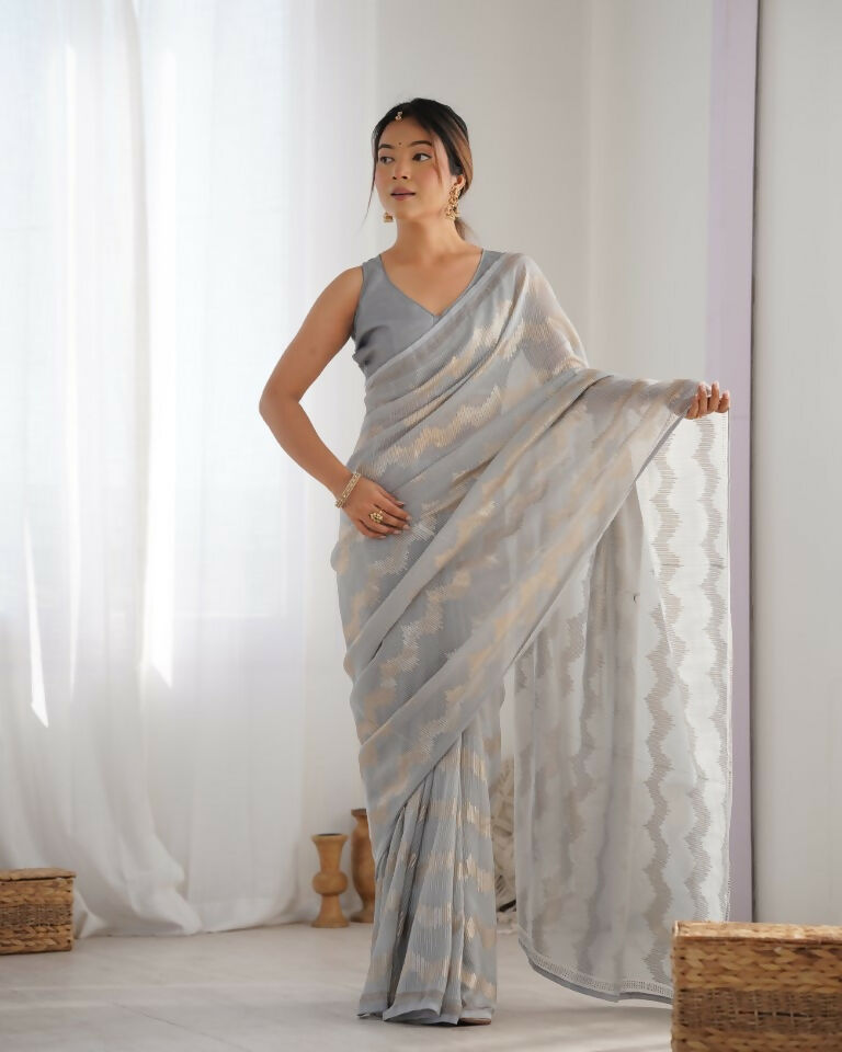 Grey Georgette Sequance Embroidery Work Border Saree - Sitare