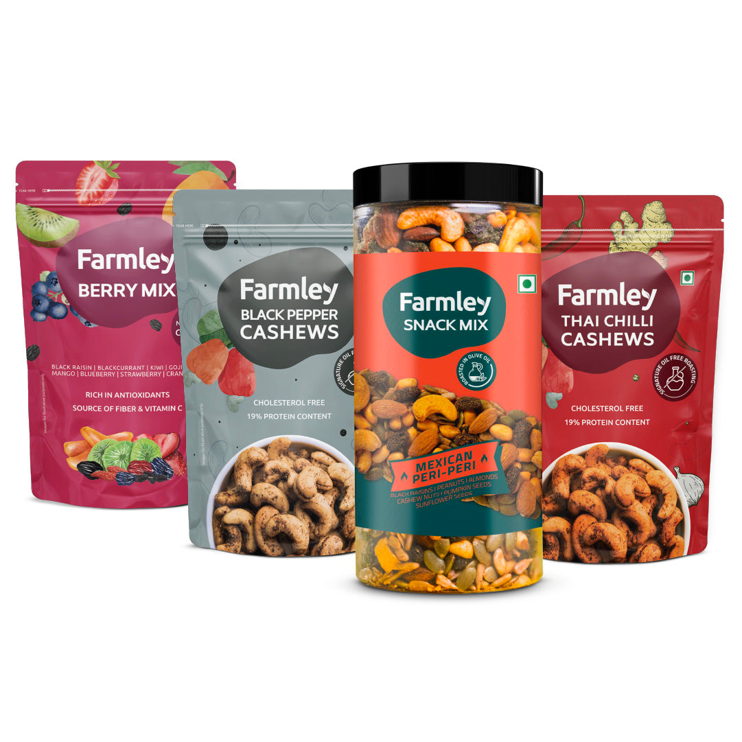 Farmley Combo - Peri - Peri Party Mix(405 g) + Thai Chilli Cashews(200 g) + Black Pepper Cashews(200 g) + Berry Mix(200 g)