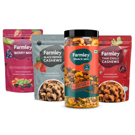 Farmley Combo - Peri - Peri Party Mix(405 g) + Thai Chilli Cashews(200 g) + Black Pepper Cashews(200 g) + Berry Mix(200 g)