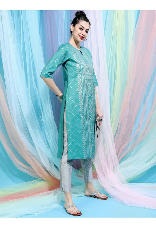 Cheera Embellished Daily Wear Cotton Blend Kurta - Turquoise Green - Distacart