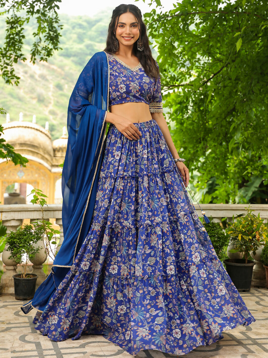 Janasya Blue Georgette Floral Lehenga Choli Dupatta 