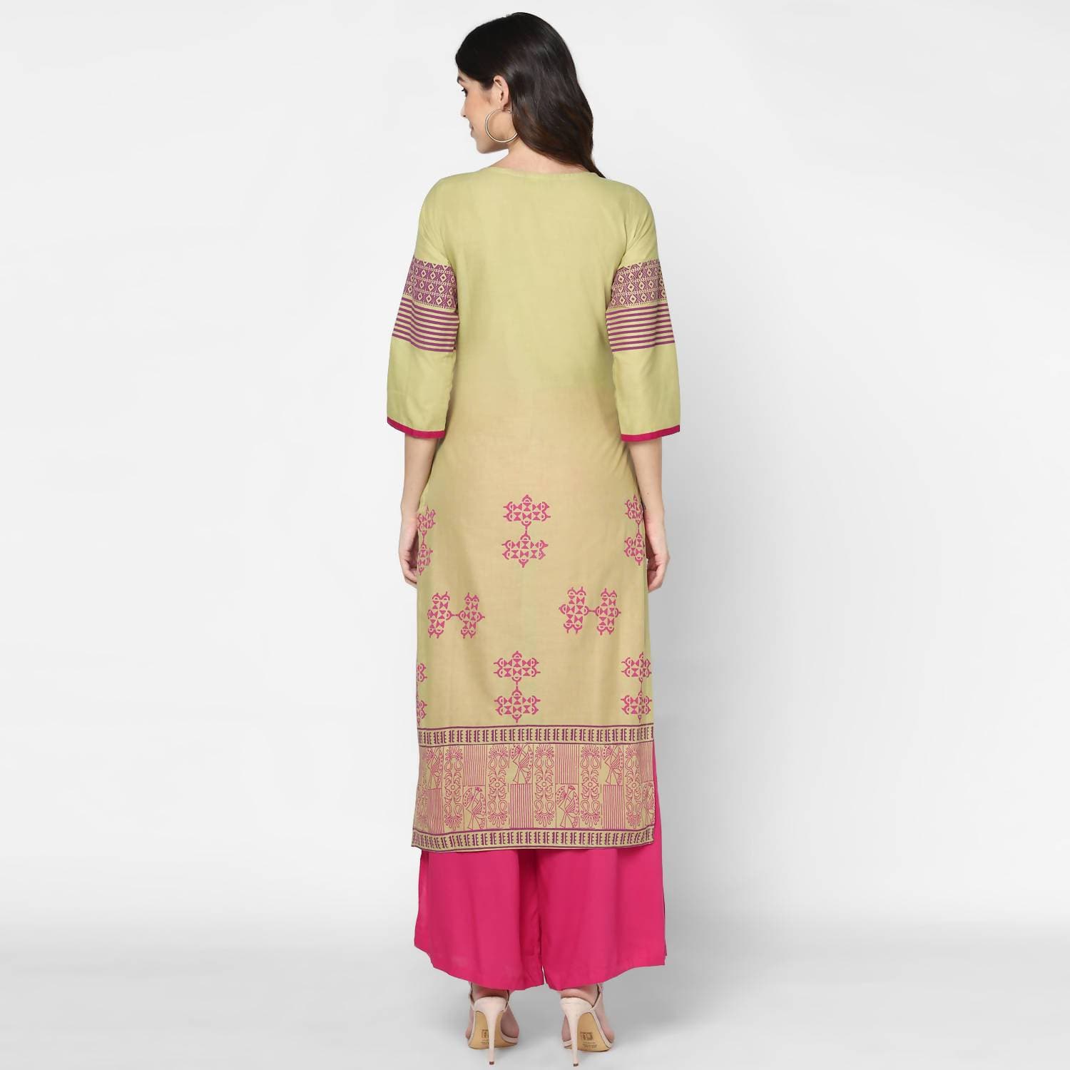 Cheera Hand Block Print Khaki Straight Kurta (MAAI-053K)