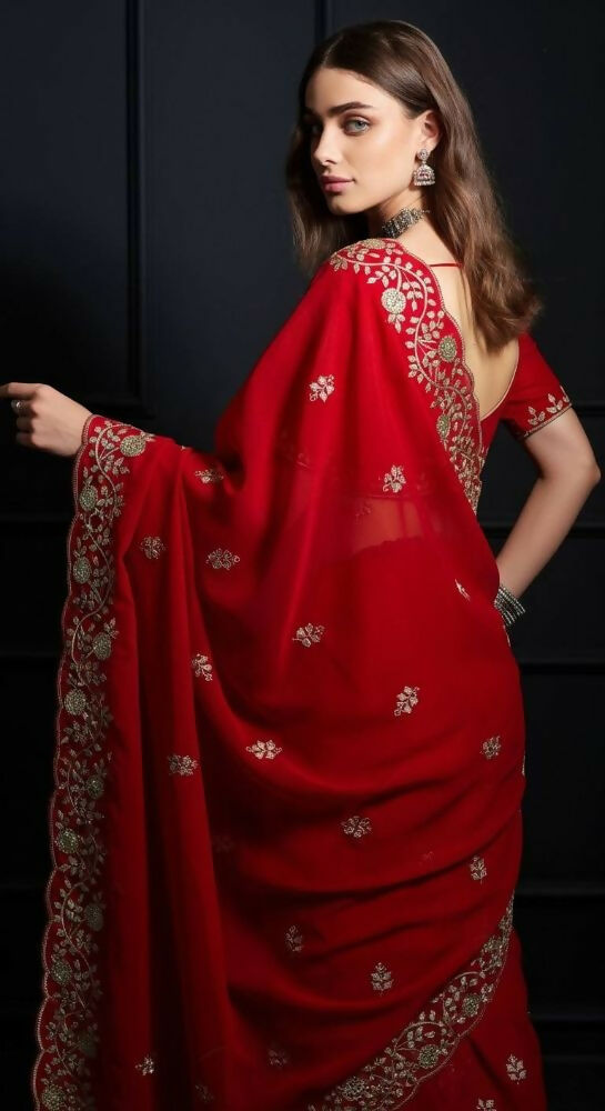 Joban Fashion Red Fandy Satin Silk Party Wear Sarees