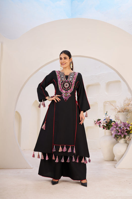 Lehenga Mart Black Reyon Designer Cord-Set Ready To Wear 