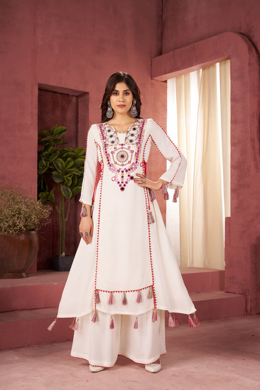 Lehenga Mart Off White Reyon Designer Cord-Set Ready To Wear 