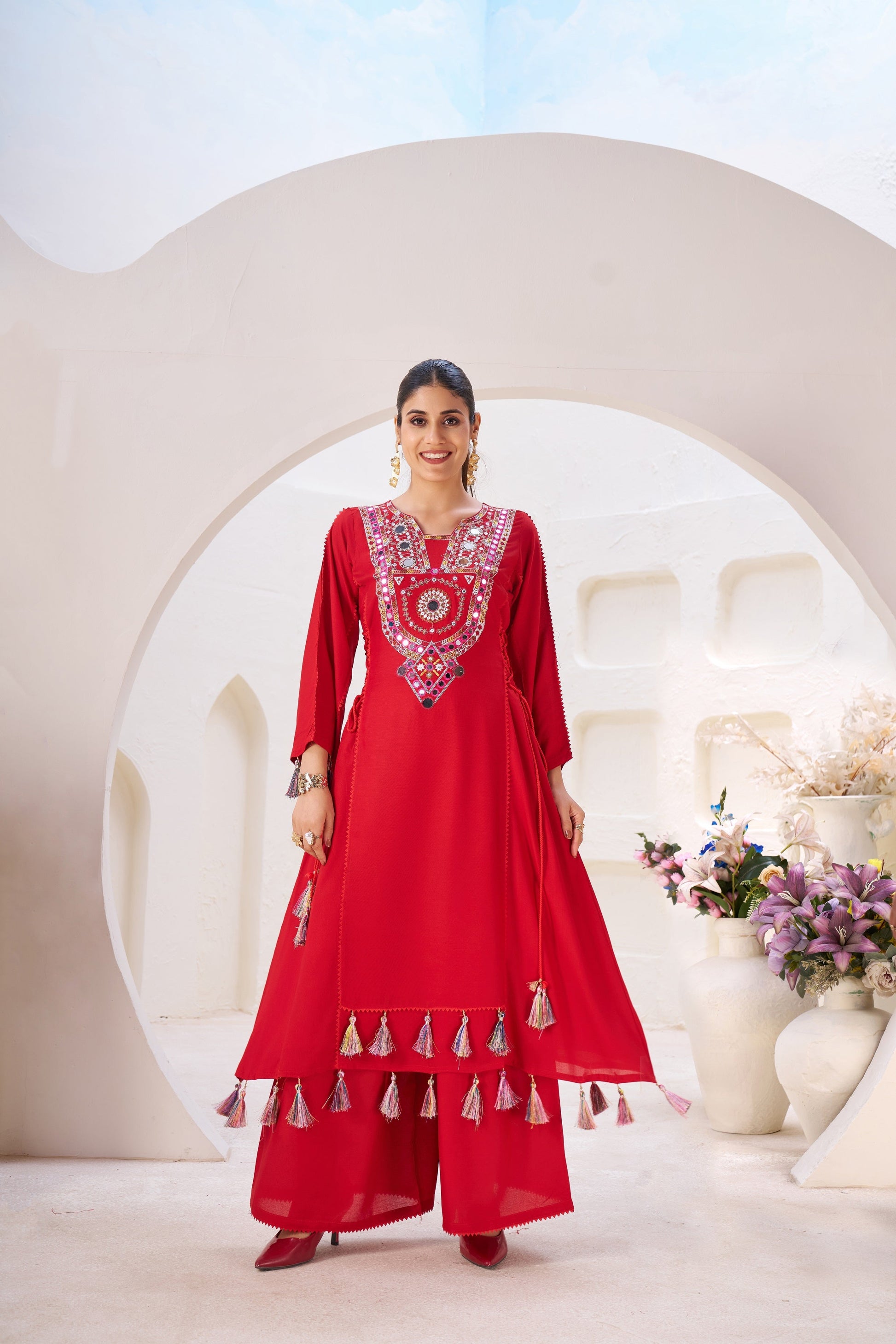 Lehenga Mart Red Reyon Designer Cord-Set Ready To Wear 