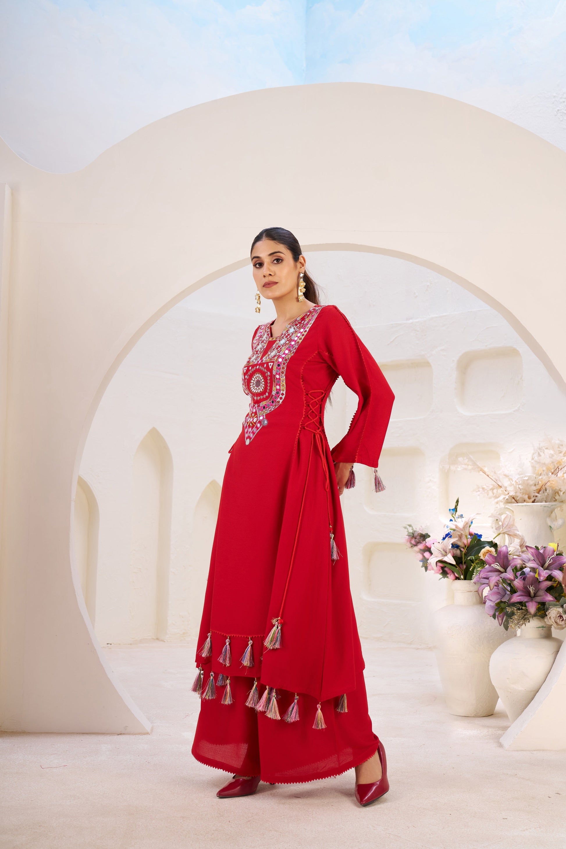 Lehenga Mart Red Reyon Designer Cord-Set Ready To Wear 