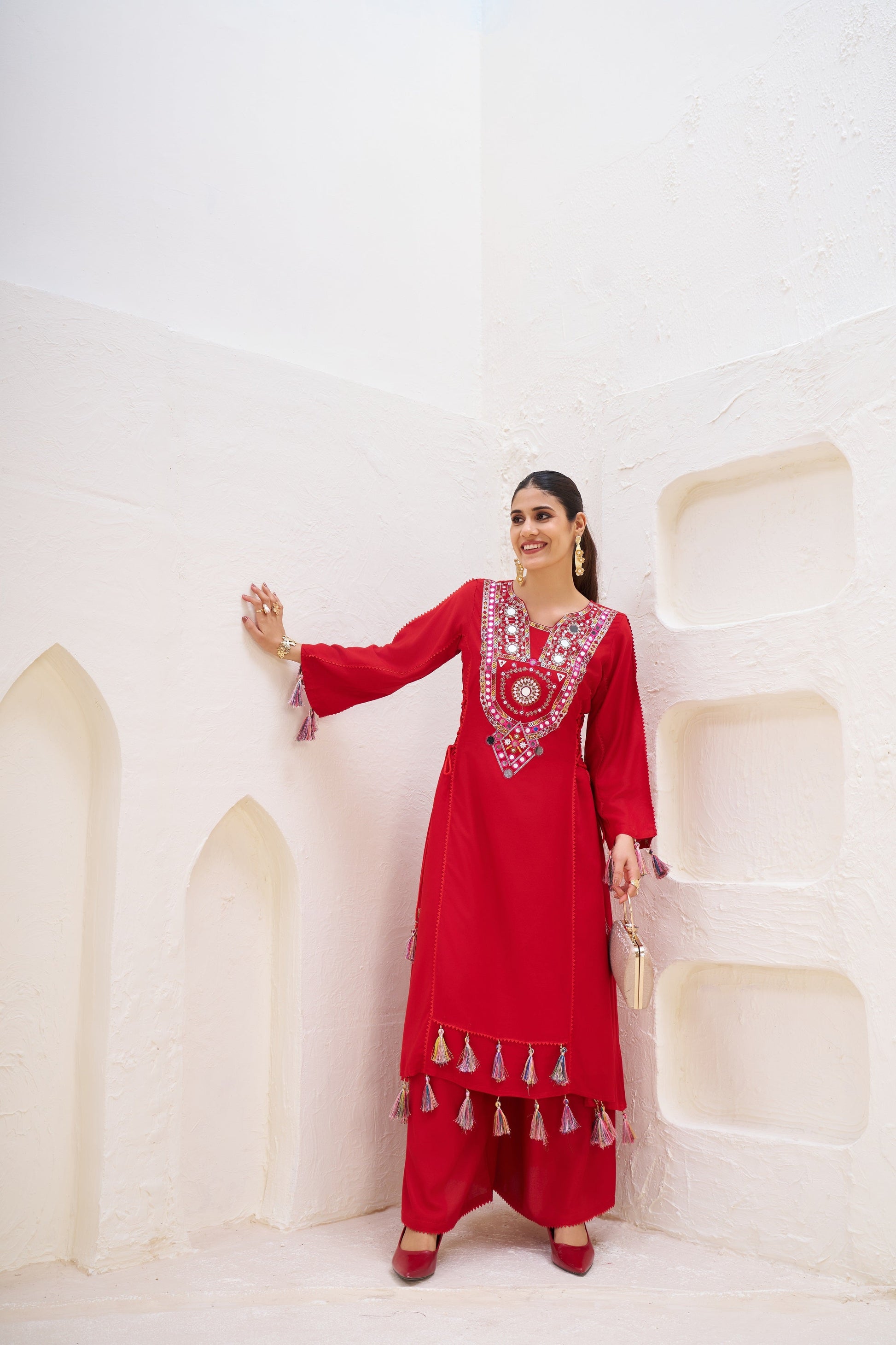 Lehenga Mart Red Reyon Designer Cord-Set Ready To Wear 