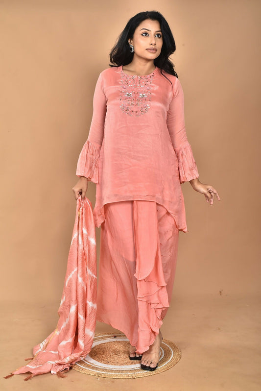 Morchari Women And Hand Embroidery Palazzo Set-Peach 